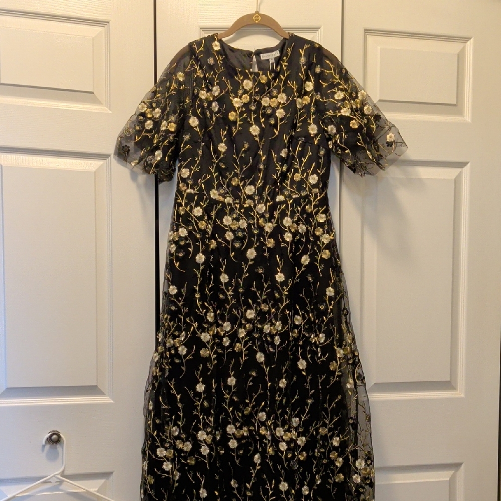 Baltic Born Black Dress with Gold Floral Embroidery
